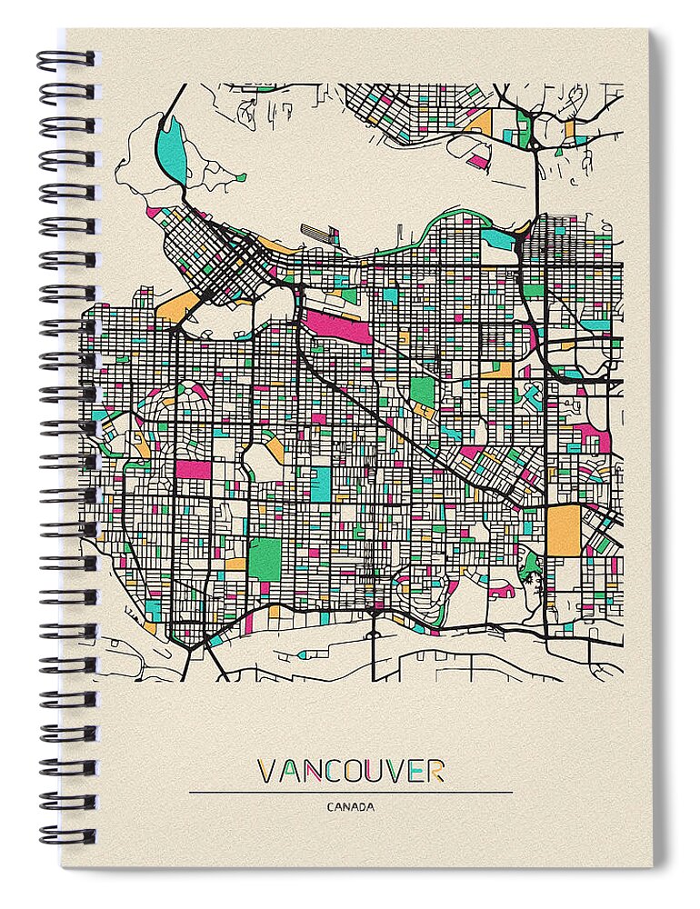 Vancouver Spiral Notebook featuring the drawing Vancouver, Canada City Map by Inspirowl Design