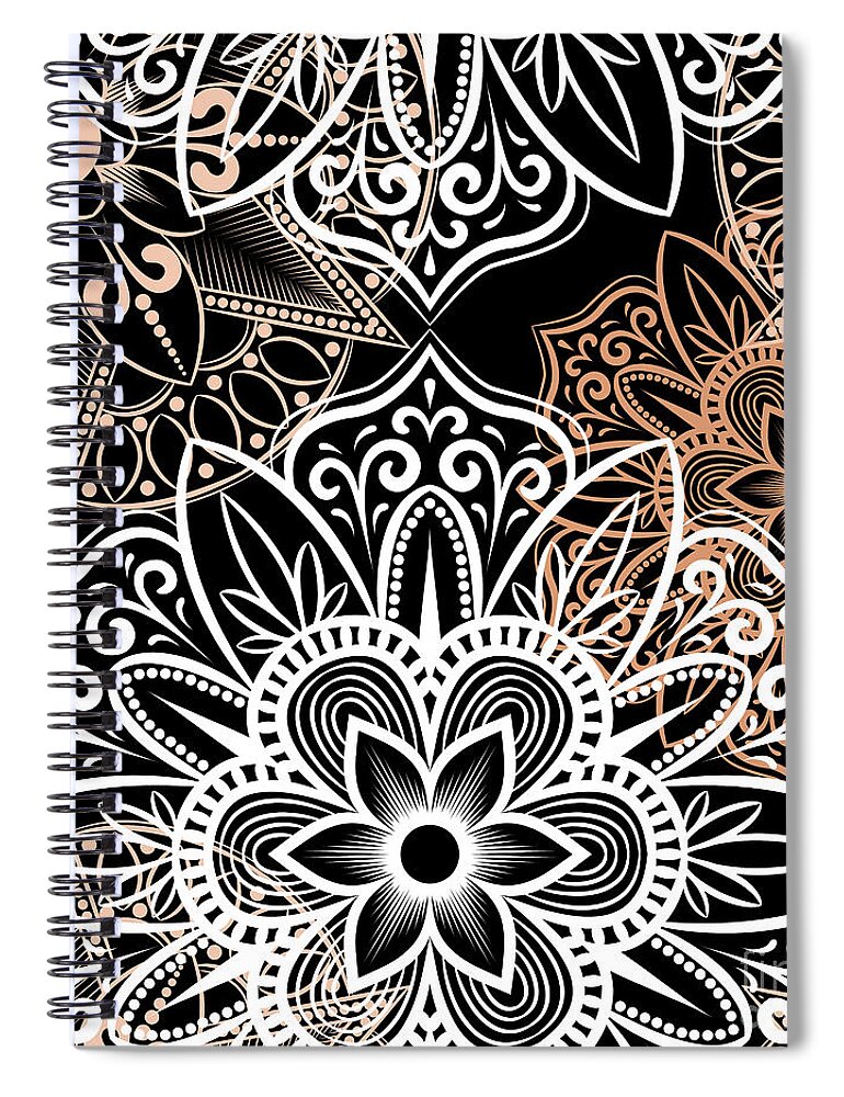 Colorful Spiral Notebook featuring the digital art Verona - Artistic White Cream Mandala Pattern in Black Background by Sambel Pedes