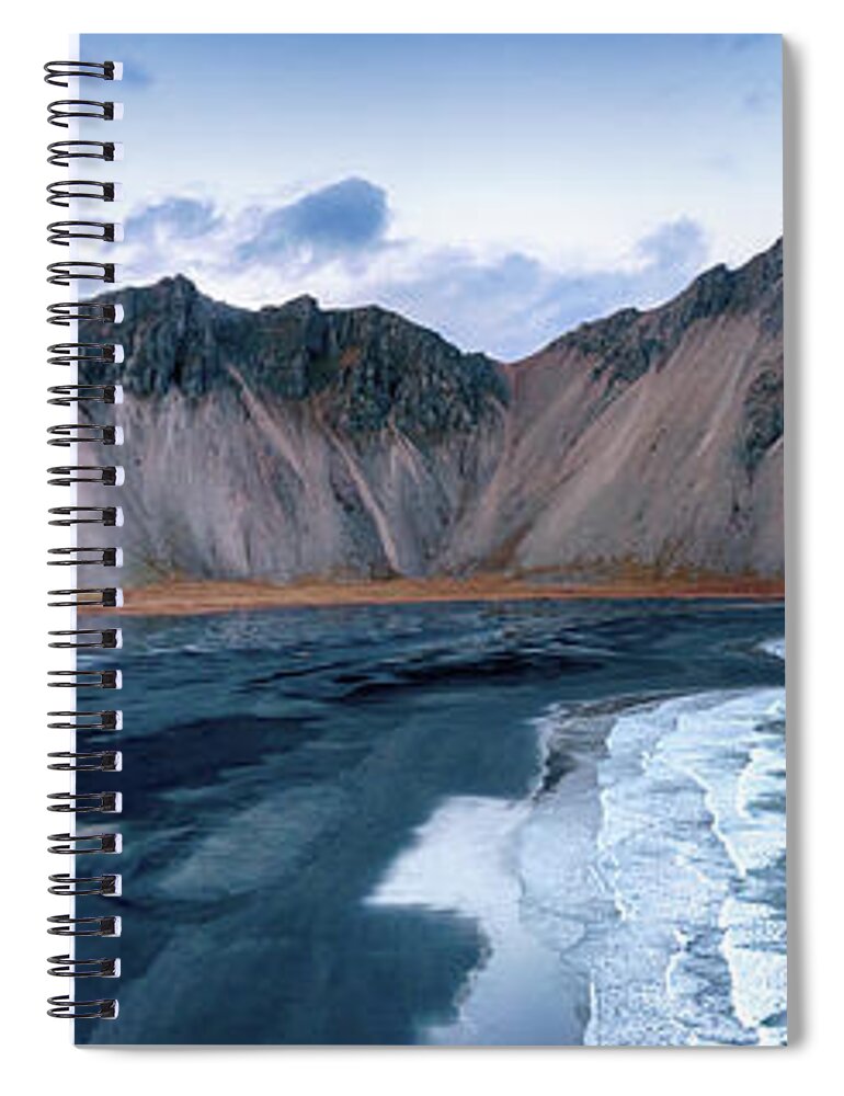 Vestrahorn Spiral Notebook featuring the photograph Vestrahorn mountain panorama. High angle drone shot. by Jane Rix