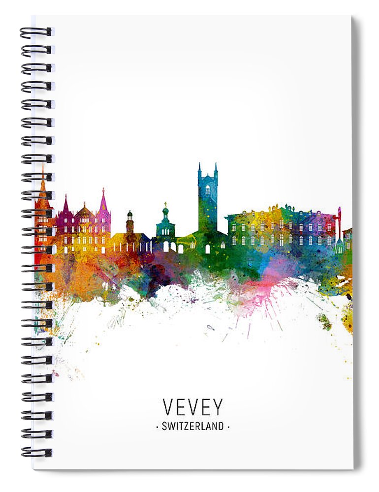 Vevey Spiral Notebook featuring the digital art Vevey Switzerland Skyline #19 by Michael Tompsett