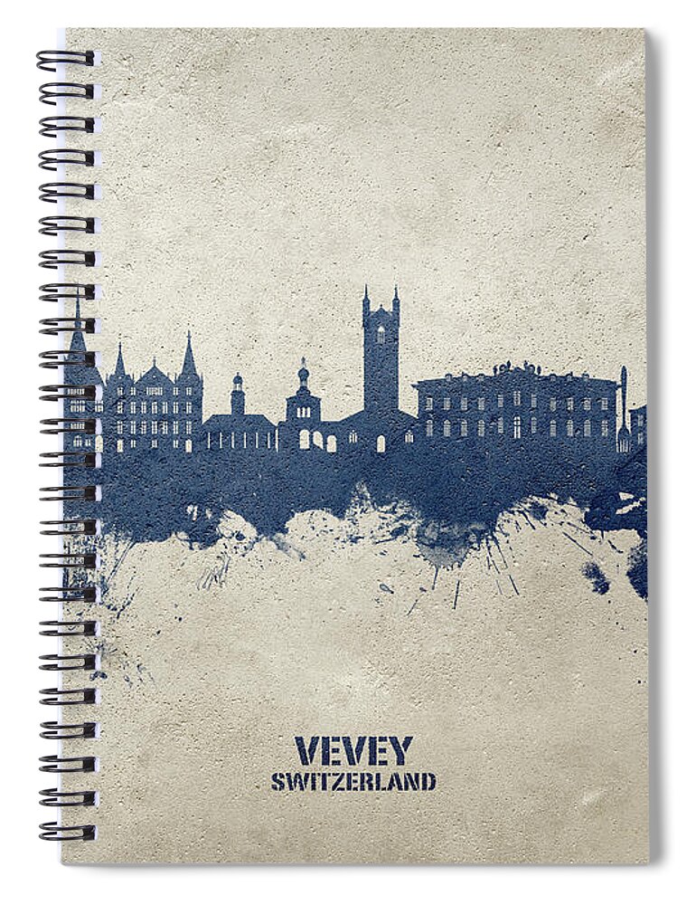 Vevey Spiral Notebook featuring the digital art Vevey Switzerland Skyline #30 by Michael Tompsett