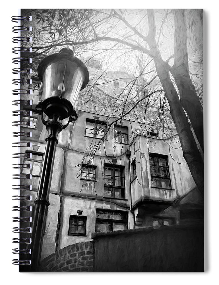 Vienna Spiral Notebook featuring the photograph Vienna Austria Hundertwasser House Black and White by Carol Japp
