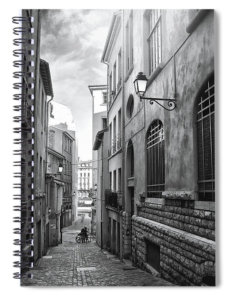Lyon Spiral Notebook featuring the photograph Vieux Lyon France Rue Vieil Renverse Black and White by Carol Japp