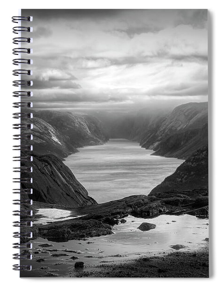 Clouds Spiral Notebook featuring the photograph View from the Top of Preikestolen The Pulpit Rock Black and Whit by Debra and Dave Vanderlaan
