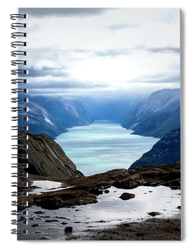 Norway Spiral Notebook featuring the photograph View from the Top of Preikestolen The Pulpit Rock by Debra and Dave Vanderlaan