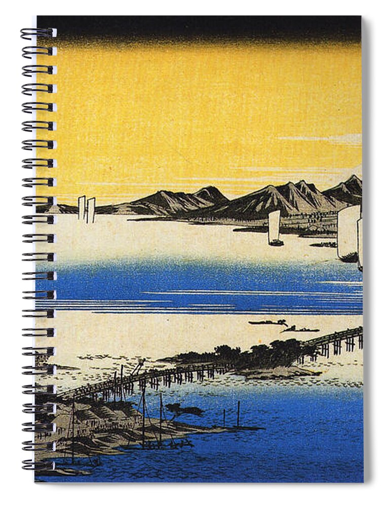 View Of A Long Bridge Across A Lake Spiral Notebook featuring the painting View of a long bridge across a lake, from Eight Views of Omi ,Hiroshige by Artistic Rifki