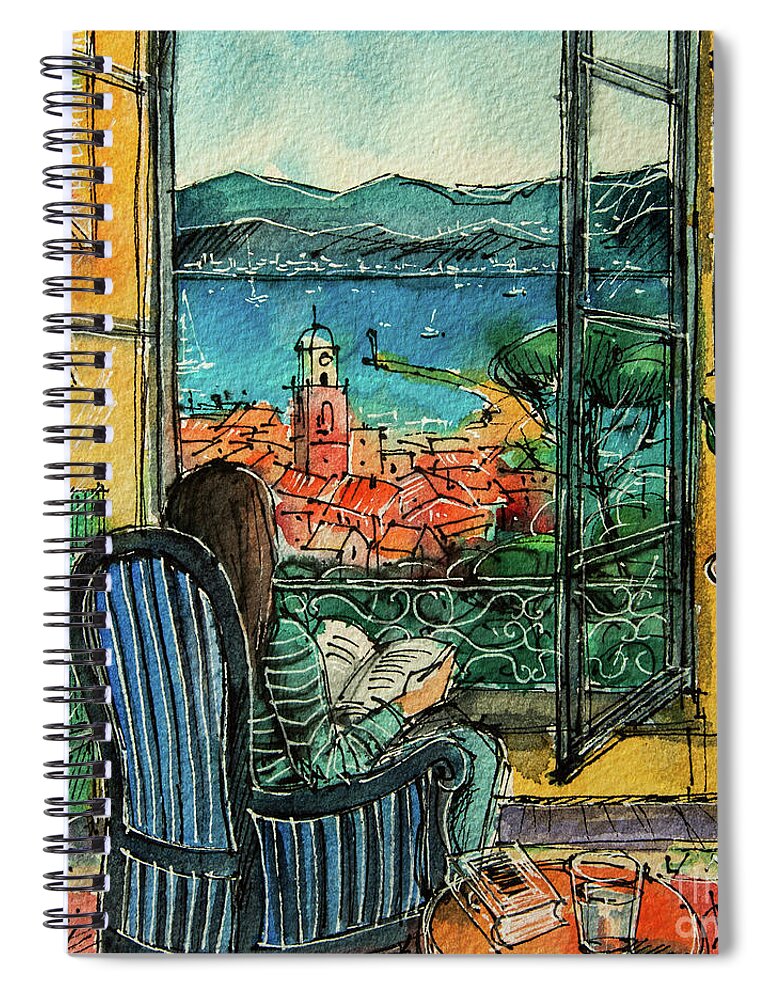 Saint Tropez Spiral Notebook featuring the painting VIEW OF SAINT TROPEZ watercolor painting Mona Edulesco by Mona Edulesco