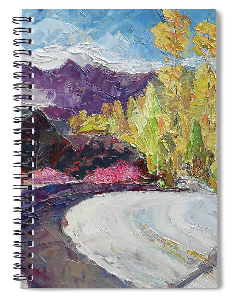 Telluride Village Spiral Notebook featuring the painting Village Bridge, 2018 by PJ Kirk