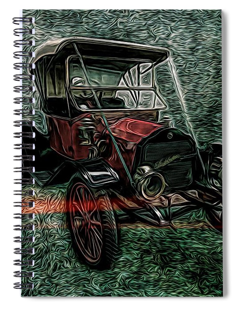 Classic Cars Spiral Notebook featuring the mixed media Vintage 1908 Studebaker Soft Top Motorcar Red by Joan Stratton