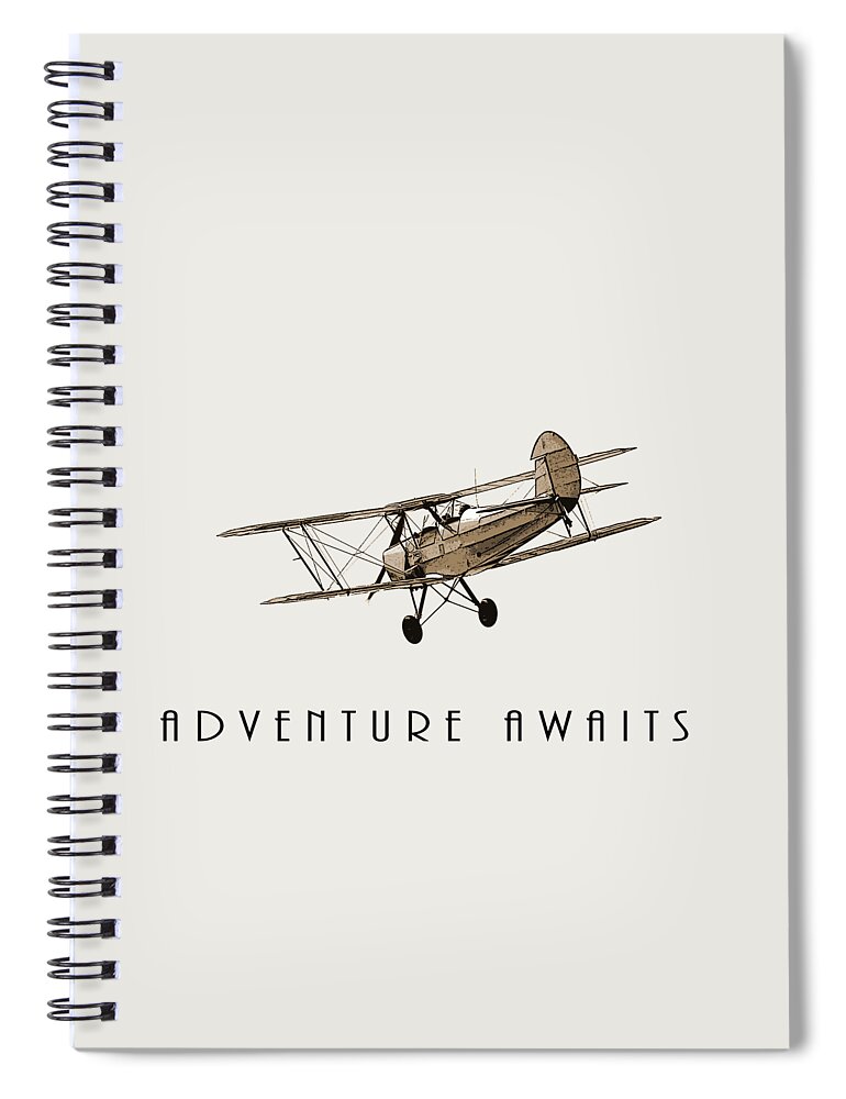 Travel Spiral Notebook featuring the drawing Adventure awaits, vintage airplane by Delphimages Map Creations