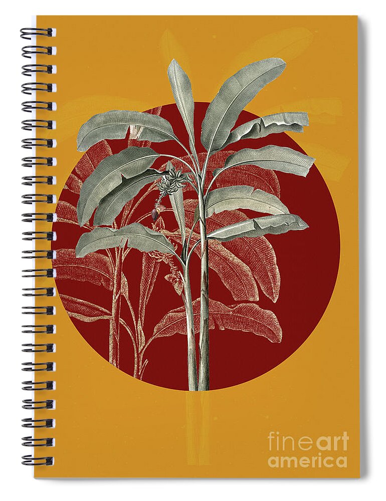 Vintage Spiral Notebook featuring the painting Vintage Botanical Banana Tree on Circle Red on Yellow by Holy Rock Design