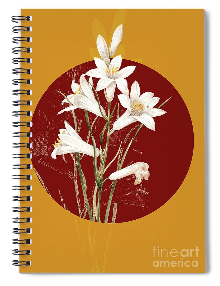 Vintage Spiral Notebook featuring the painting Vintage Botanical St Brunos Lily on Circle Red on Yellow by Holy Rock Design