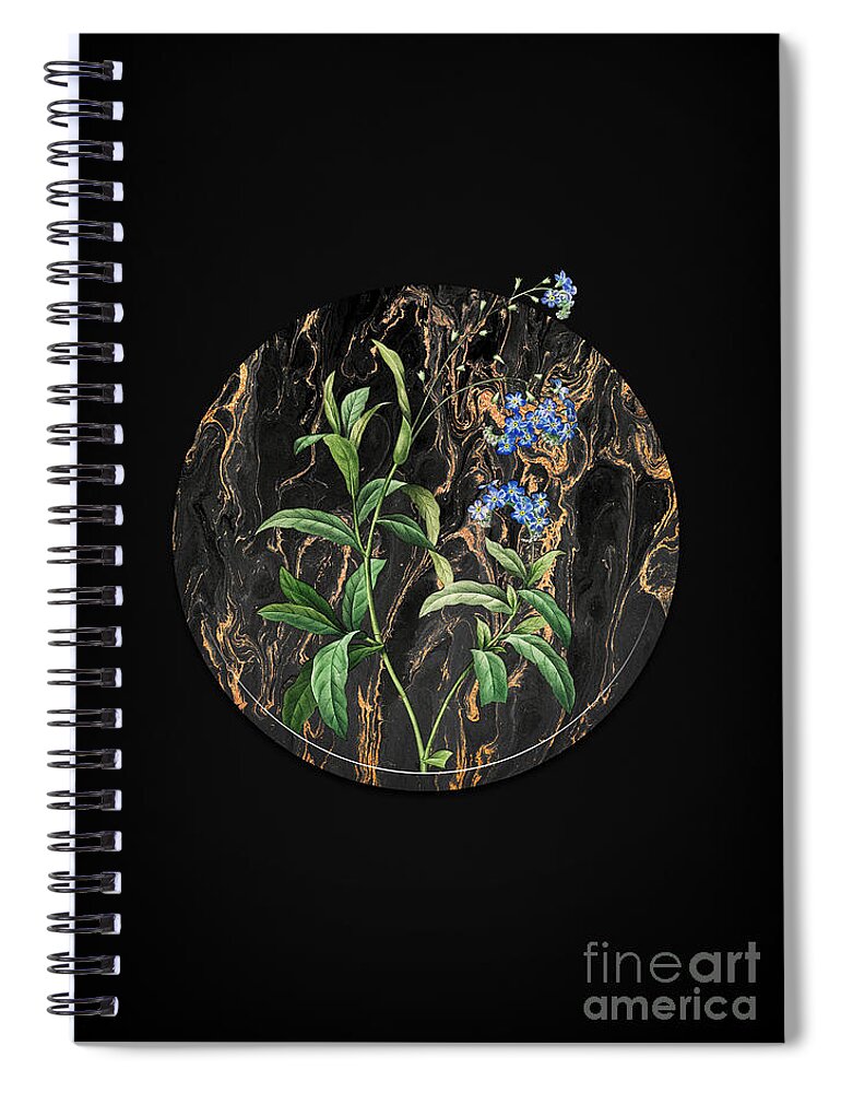 Vintage Spiral Notebook featuring the painting Vintage Forget Me Not Art in Gilded Marble on Shadowy Black by Holy Rock Design
