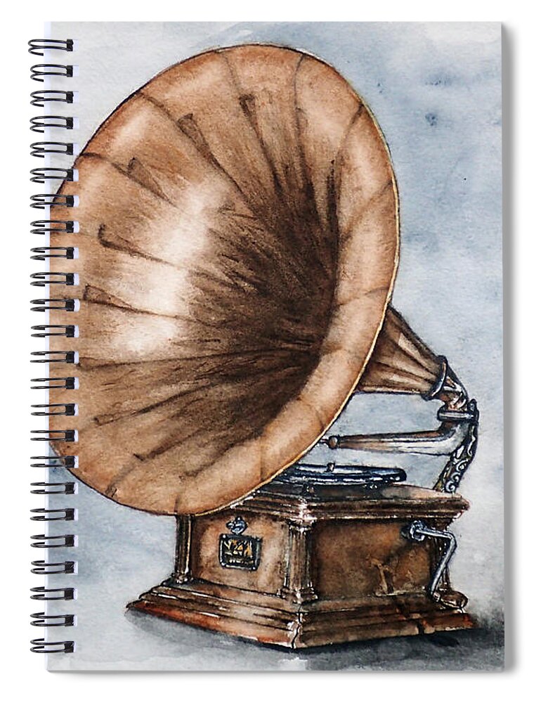 Gramophone Spiral Notebook featuring the painting Vintage Gramophone by Kelly Mills