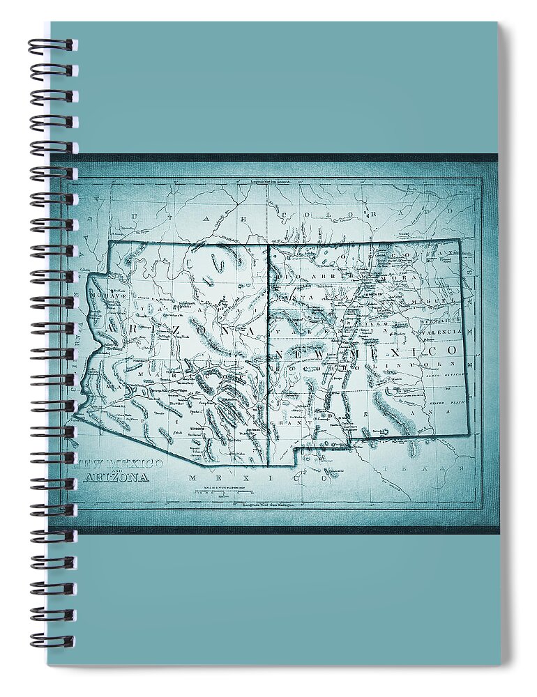 New Mexico Spiral Notebook featuring the photograph Vintage Map New Mexico and Arizona 1875 Cool Blue by Carol Japp