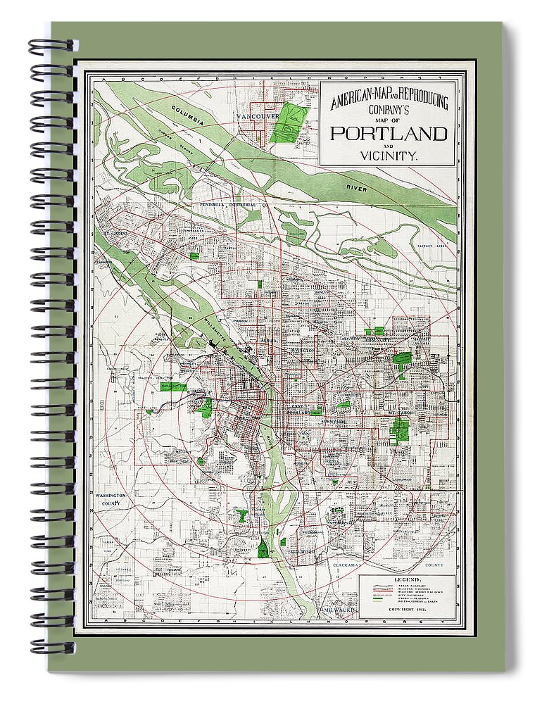 Portland Spiral Notebook featuring the photograph Vintage Map Portland Oregon and Vicinity 1912 by Carol Japp