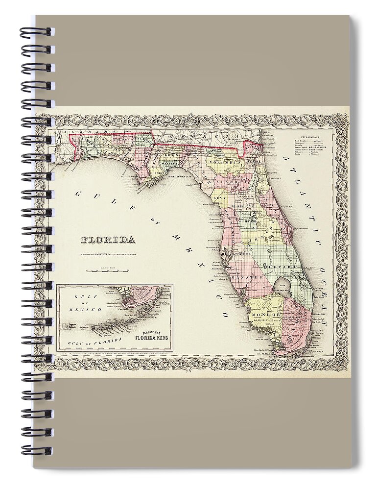 Florida Map Spiral Notebook featuring the photograph Vintage Map State of Florida 1856 by Carol Japp