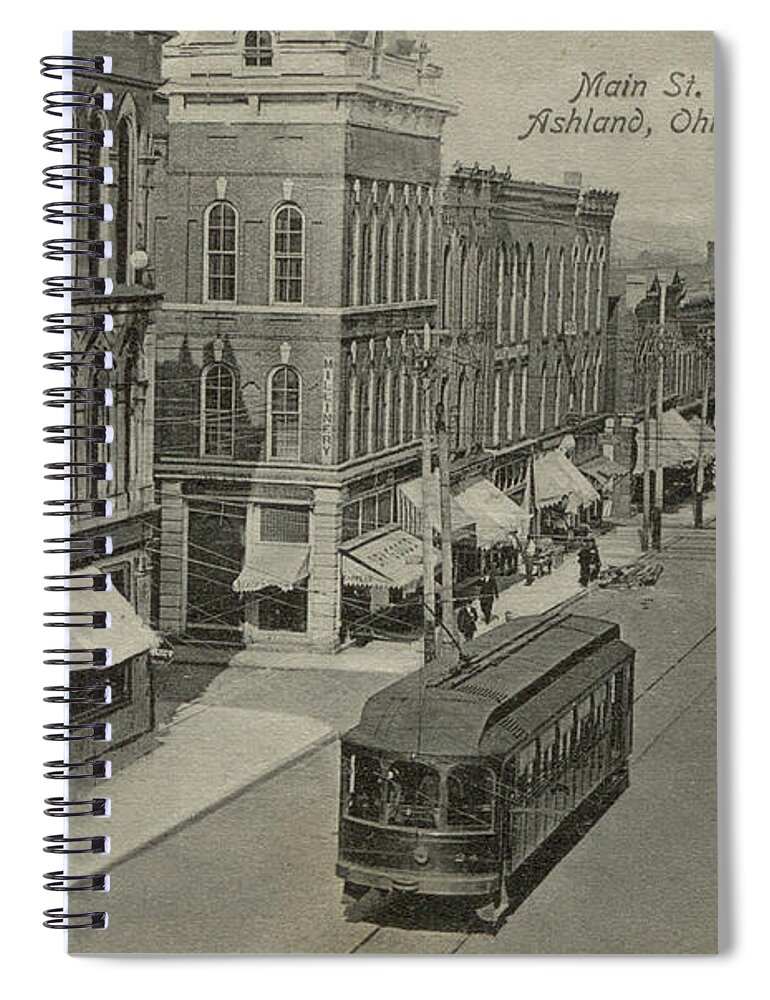 Vintage Postcard Of Ashland Ohio With Trolley Spiral Notebook featuring the painting Vintage Postcard of Ashland, Ohio with Trolley by Terri Meyer