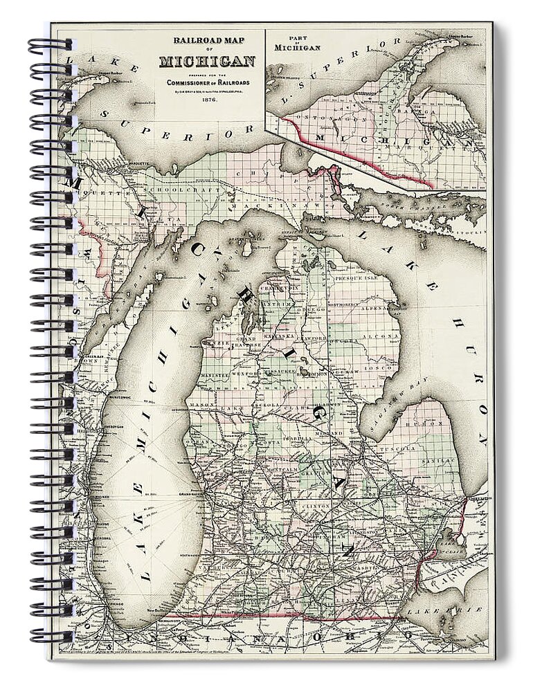 Michigan Spiral Notebook featuring the photograph Vintage Railroad Map of Michigan 1876 by Carol Japp
