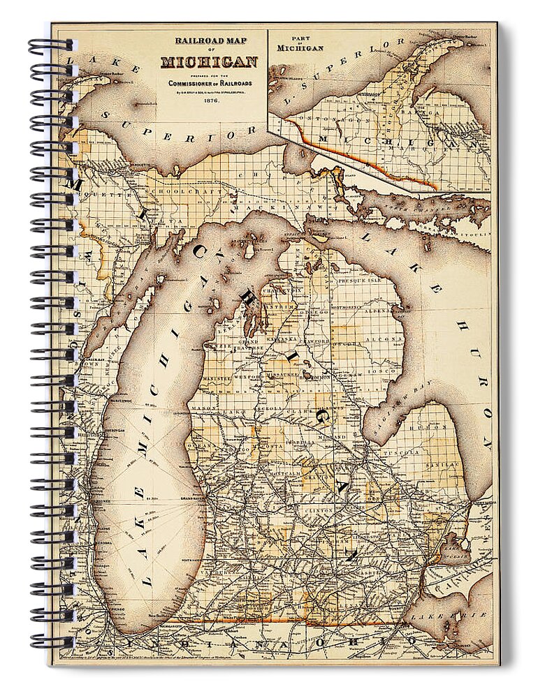 Michigan Spiral Notebook featuring the photograph Vintage Railroad Map of Michigan 1876 Sepia by Carol Japp