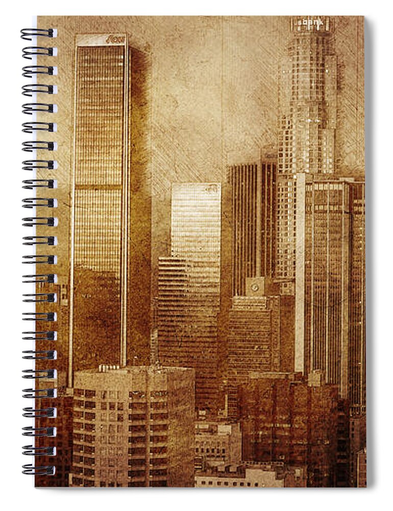 Los Angeles Spiral Notebook featuring the mixed media Vintage skyline of Los Angeles by Alex Mir