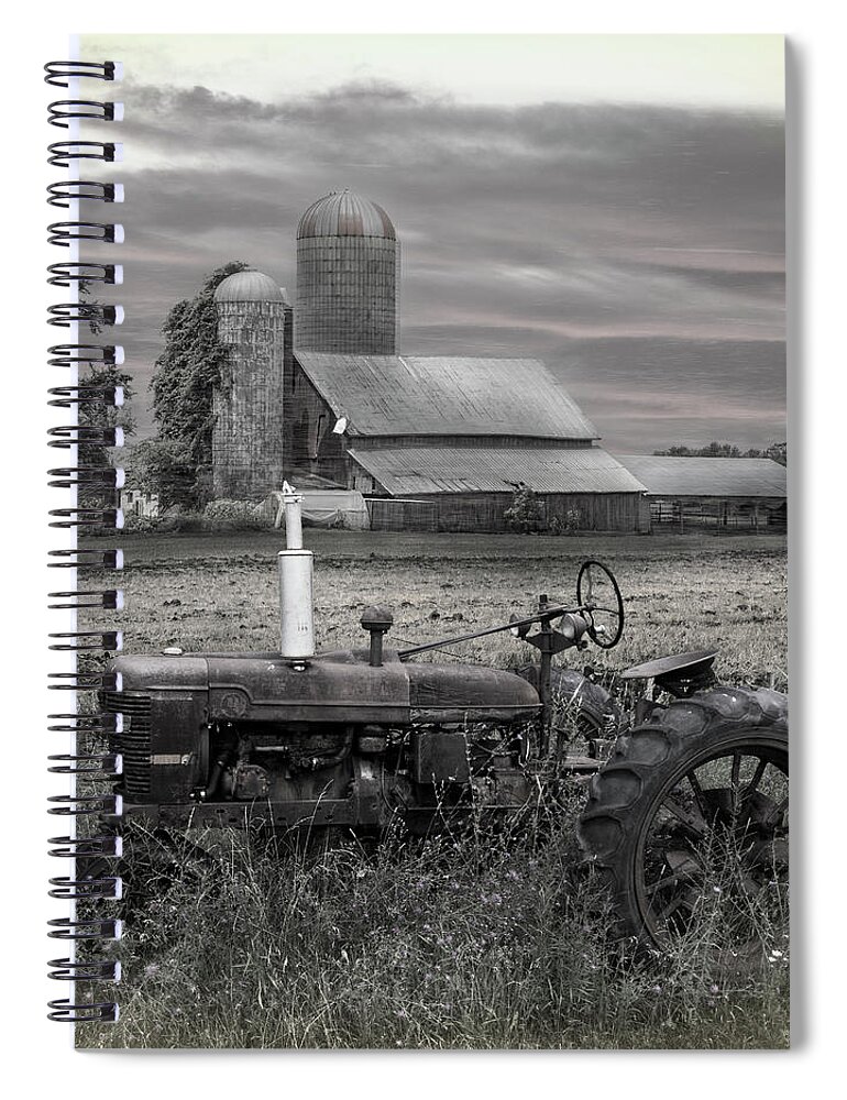 Barns Spiral Notebook featuring the photograph Vintage Tractor at the Country Farm by Debra and Dave Vanderlaan