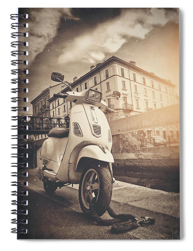 Vespa Spiral Notebook featuring the photograph Vintage Vespa Navigli Milan Italy Sepia by Carol Japp