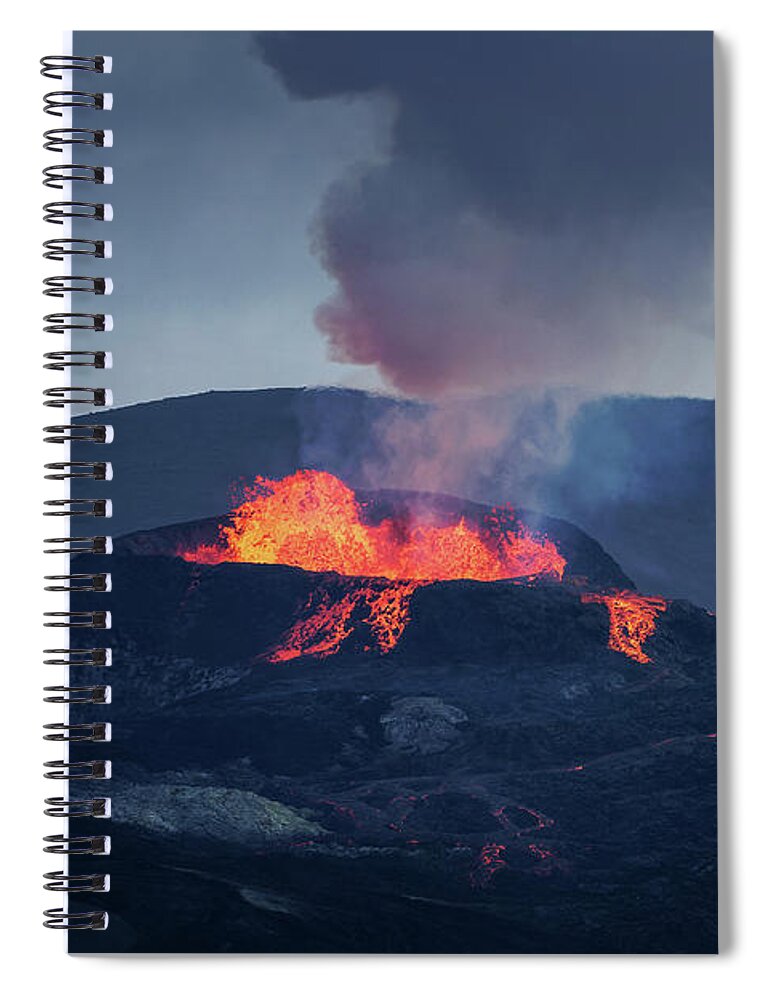 Volcano Spiral Notebook featuring the photograph Volcano eruption in Iceland by Delphimages Photo Creations