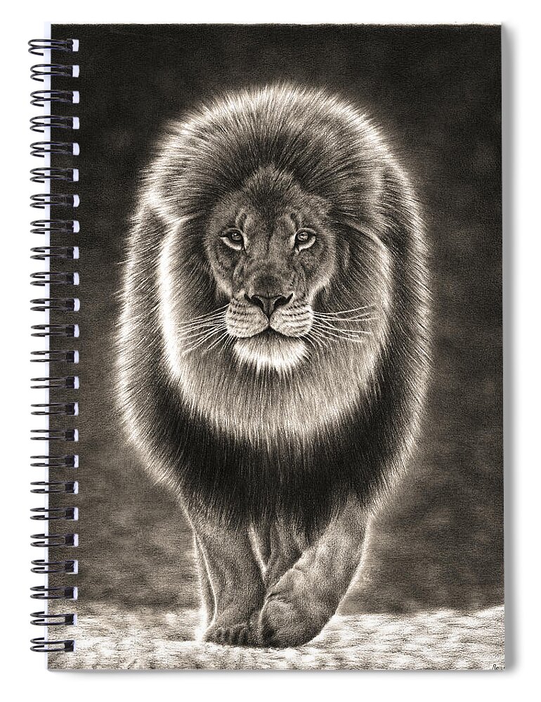 Lion Spiral Notebook featuring the drawing Walking Lion by Casey 'Remrov' Vormer