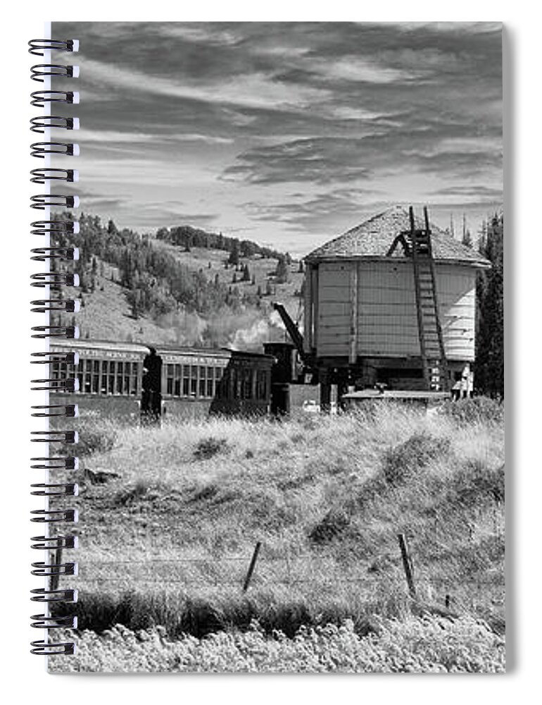 Train Spiral Notebook featuring the photograph Water Stop in Black and White by Steve Templeton
