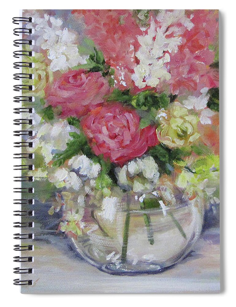 Floral Print Spiral Notebook featuring the painting Water Vase With Pink Roses and White Flowers by Cheri Wollenberg