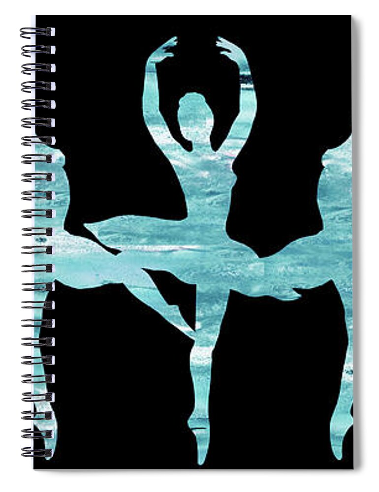 Ballerina Spiral Notebook featuring the painting Watercolor Ballerinas Group Blue Silhouettes On Black by Irina Sztukowski