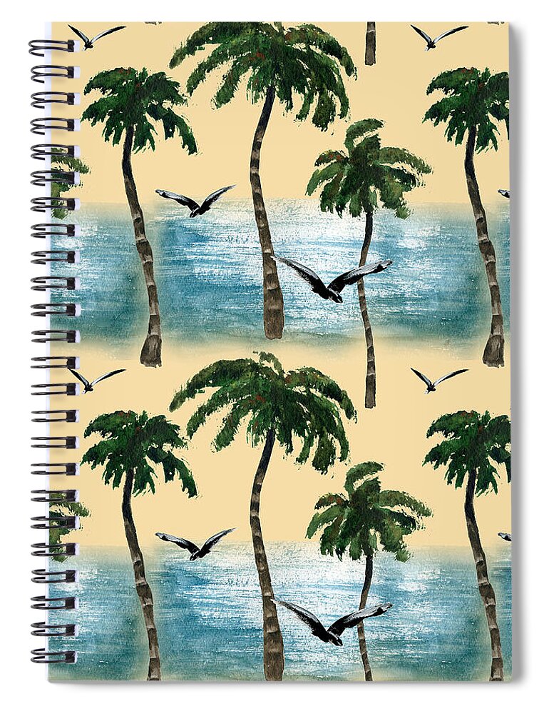 Watercolor beach seamless texture. Palms, seagull, sea, ocean, beach, sand  tiled pattern Spiral Notebook
