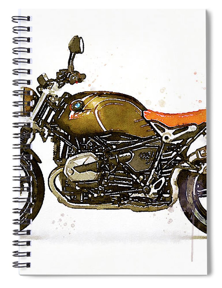 Motorbike Paitning Spiral Notebook featuring the painting Watercolor BMW NineT SCRAMBLER motorcycle - oryginal artwork by Vart. by Vart