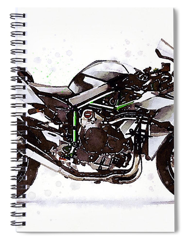 Sport Spiral Notebook featuring the painting Watercolor Kawasaki Ninja H2R motorcycle - orygin by Vart Studio