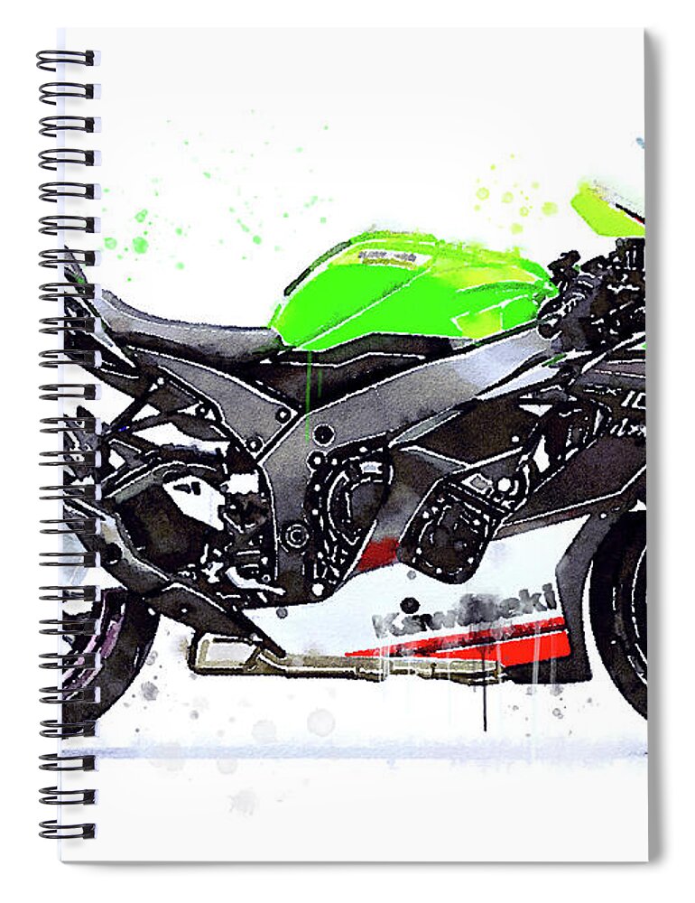 Sport Spiral Notebook featuring the painting Watercolor Kawasaki Ninja ZX10R motorcycle - oryginal artwork by Vart. by Vart Studio