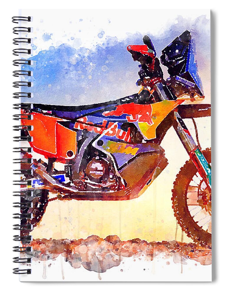 Adventure Spiral Notebook featuring the painting Watercolor KTM 450 Rally Dakar motorcycle - oryginal artwork by Vart. by Vart Studio