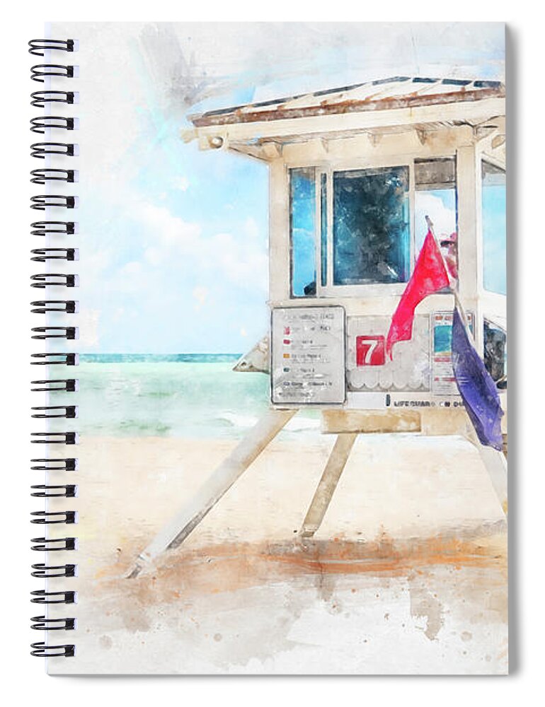Lifeguard Tower Spiral Notebook featuring the digital art Watercolor paint effect of lifeguard tower in Fort Lauderdale by Maria Kray