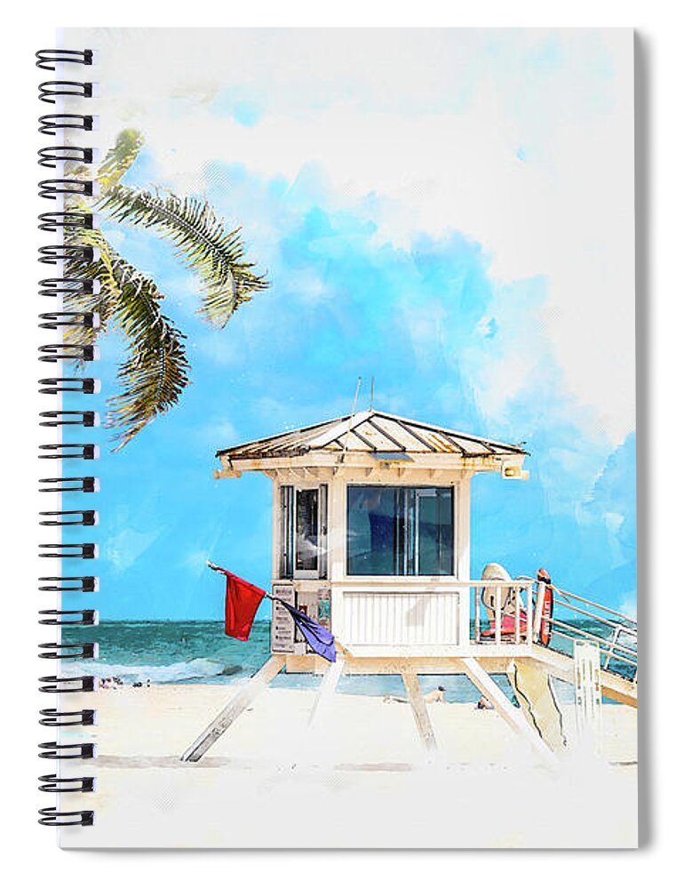 Lifeguard Tower Spiral Notebook featuring the digital art Watercolor painting illustration of lifeguard tower in Fort Lauderdale by Maria Kray
