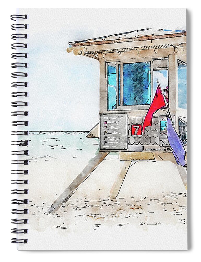 Lifeguard Tower Spiral Notebook featuring the digital art Watercolor painting illustration of lifeguard tower in Fort Lauderdale by Maria Kray