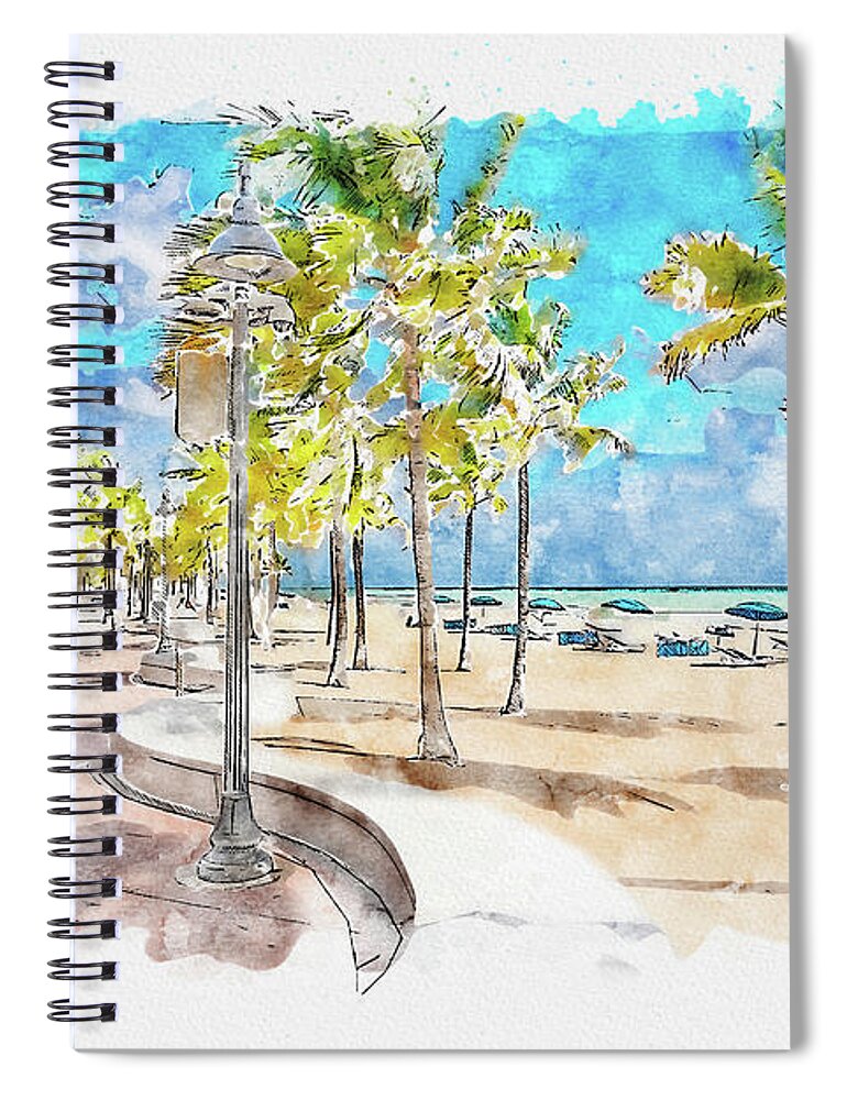 Fort Lauderdale Spiral Notebook featuring the digital art Watercolor painting illustration of Seafront beach promenade with palm trees in Fort Lauderdale by Maria Kray