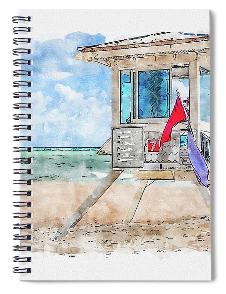 Lifeguard Tower Spiral Notebook featuring the digital art Watercolor sketch of lifeguard tower in Fort Lauderdale by Maria Kray