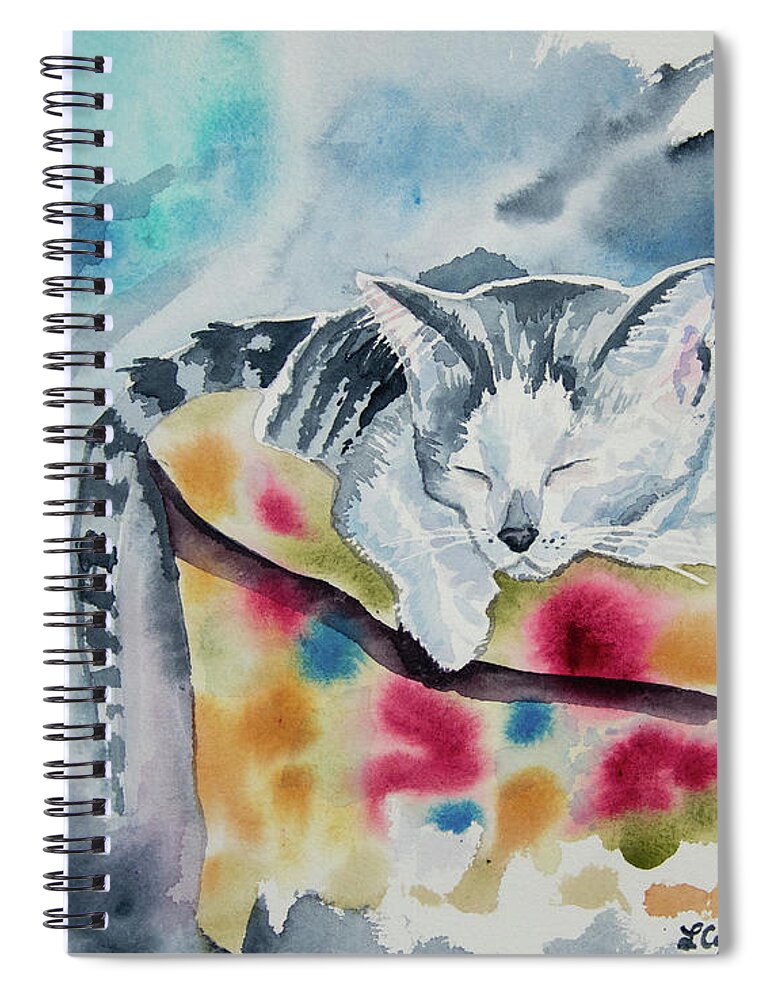 Kitten Spiral Notebook featuring the painting Watercolor - Sleeping Kitten by Cascade Colors