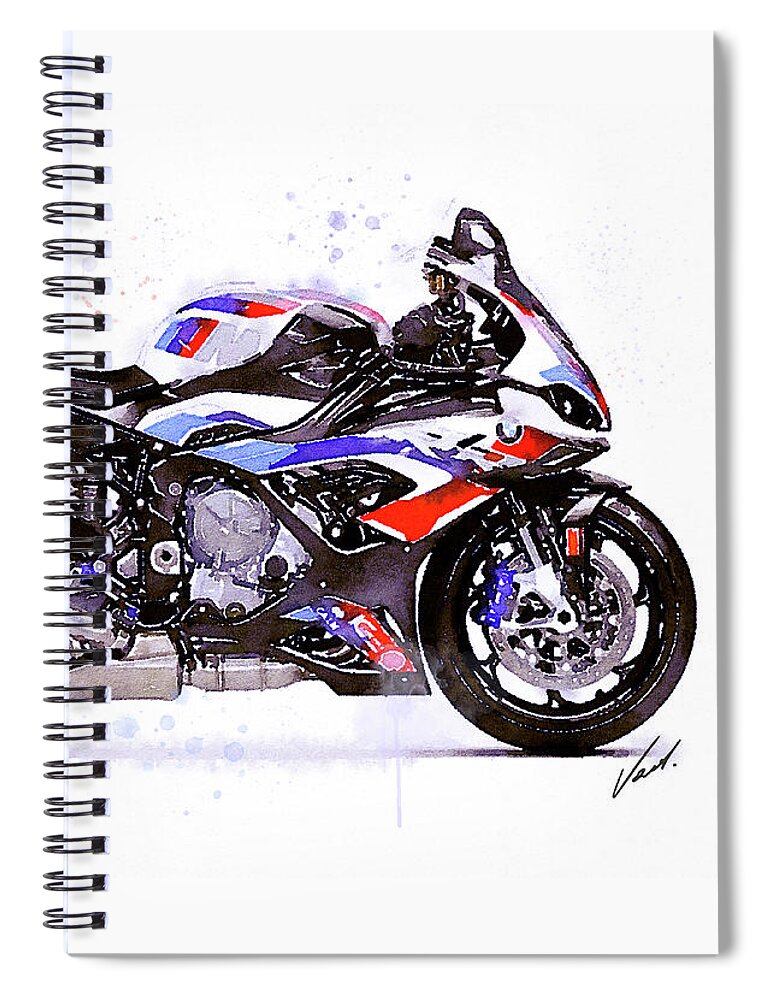 Sport Spiral Notebook featuring the painting Watercolor Sport Motorcycle BMW S1000RR - original artwork by Vart. by Vart Studio