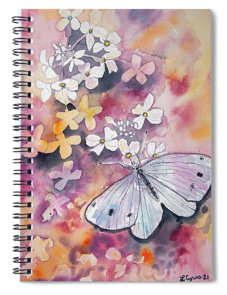 Butterfly Spiral Notebook featuring the painting Watercolor - White Butterfly with Bittercress Flowers by Cascade Colors
