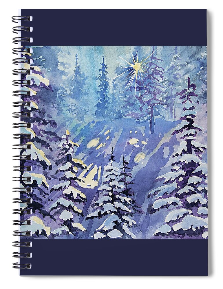 Winter Spiral Notebook featuring the painting Watercolor - Winter Snowy Forest with Sunburst by Cascade Colors