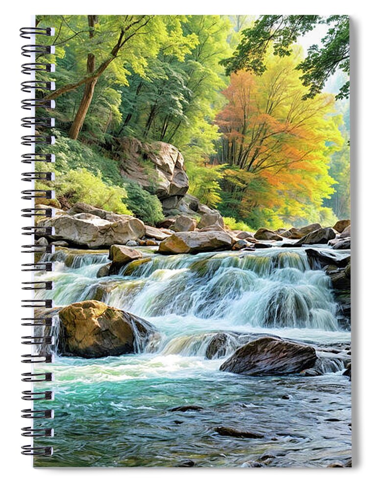 Cascade Spiral Notebook featuring the digital art Waterfall in Early Autumn Panorama by Frances Miller