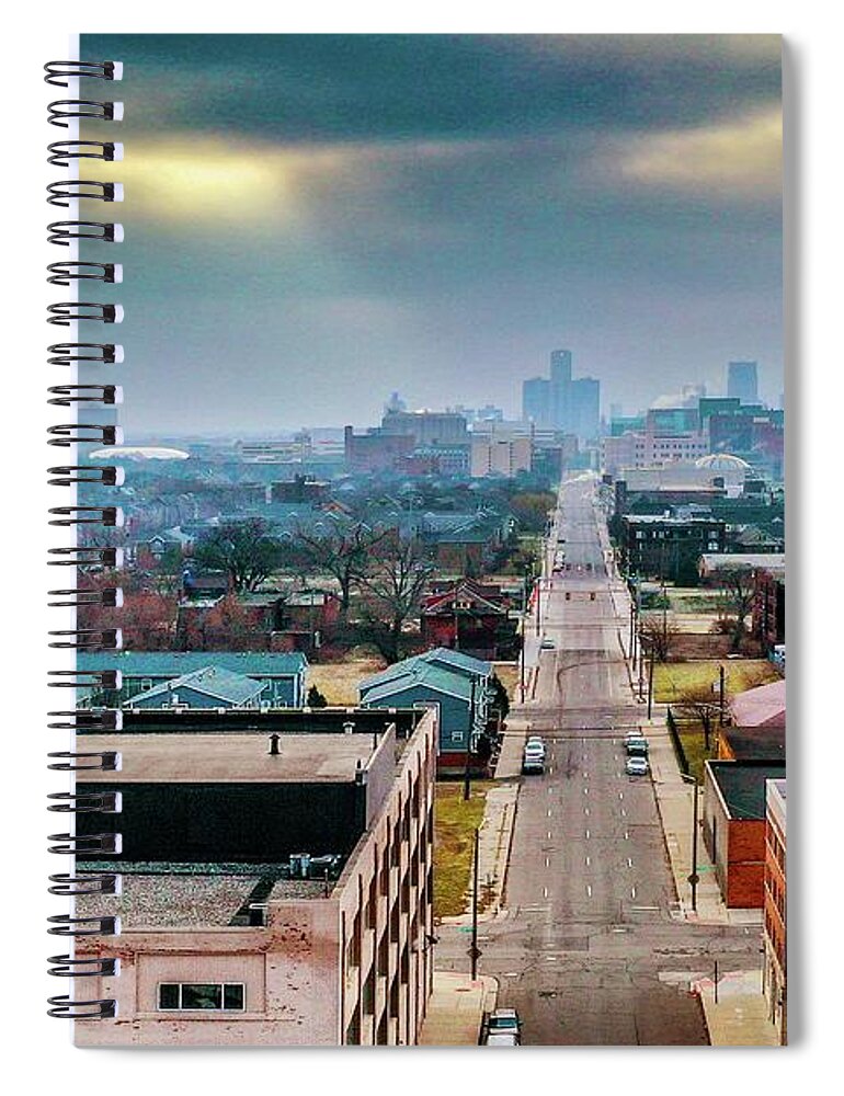 Detroit Spiral Notebook featuring the photograph Watertower Skyline V2 DJI_0690 by Michael Thomas