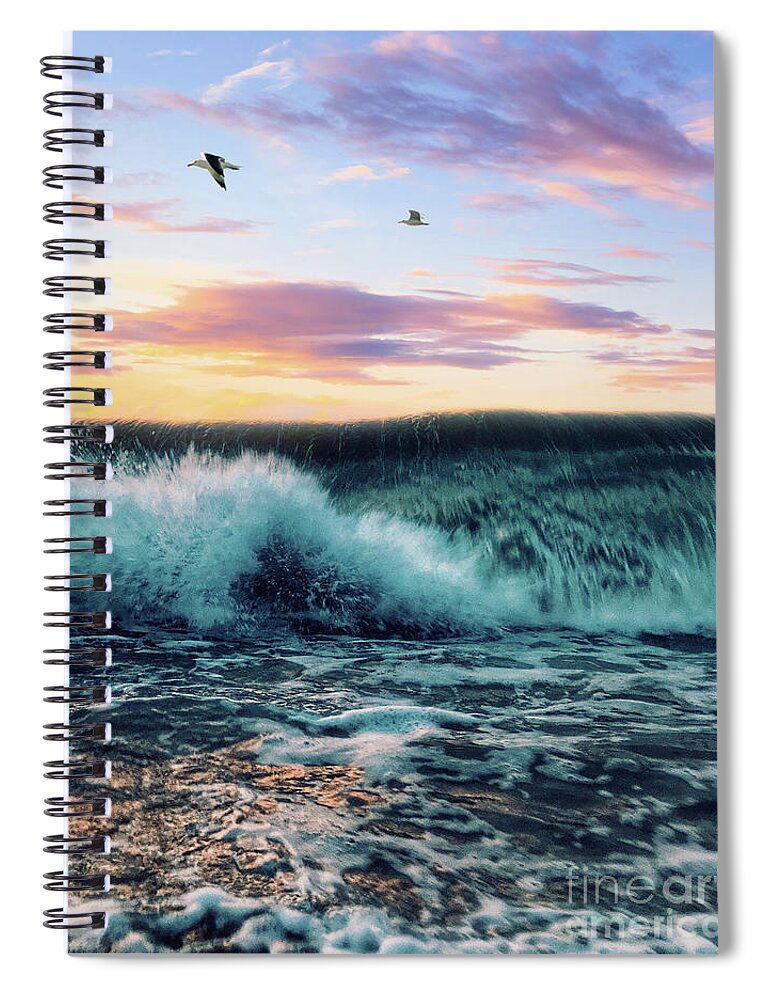 Seagulls Spiral Notebook featuring the digital art Waves Crashing At Sunset by Phil Perkins
