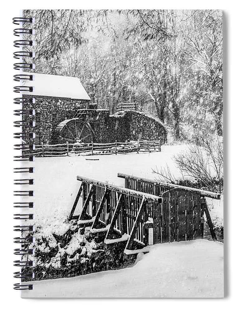 Grist Mill Spiral Notebook featuring the photograph Wayside Inn Grist Mill BW by Susan Candelario